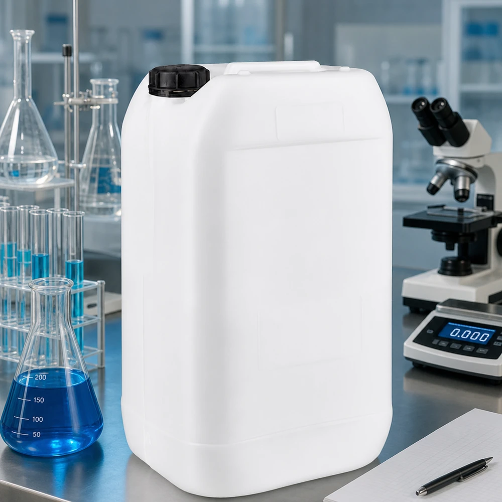 Bidon rectangulaire de 15 L en polyéthylène blanc, muni d'une poignée ergonomique et d'un bouchon à vis
