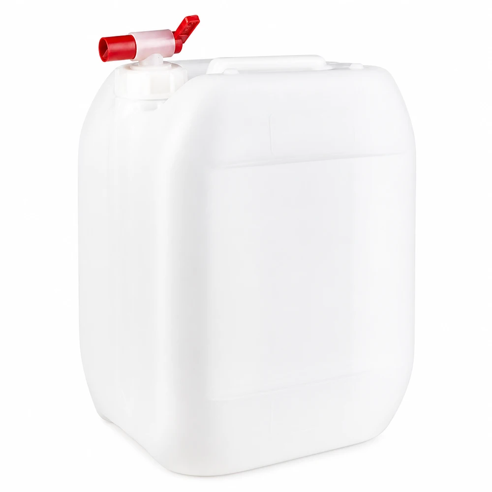 Bidon blanc de 10 litres en plastique HDPE, muni d'un robinet de vidange rouge situé sur le dessus