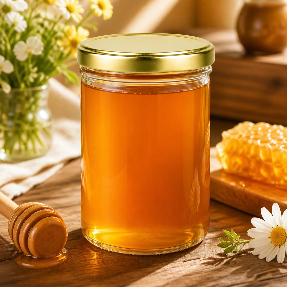 435ml Verre conique avec couvercle BasicSeal or UNiTWIST Pot de 435 ml avec couvercle doré rempli de miel - parfait pour les aliments naturels et les confitures