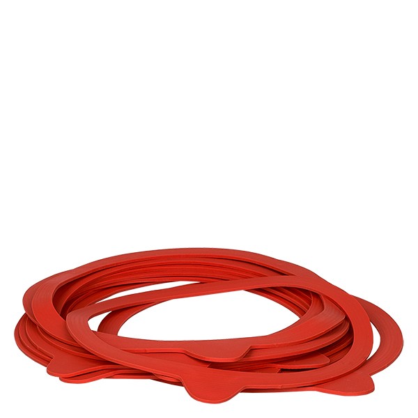 Anneaux de cuisson rouges en caoutchouc naturel RR120 pour bocaux empilés sur fond blanc