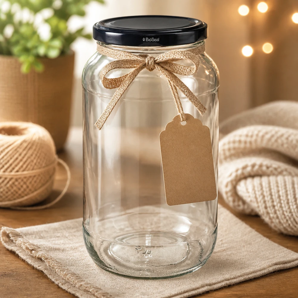 1062ml Verre rond avec couvercle BioSeal noir UNiTWIST Verre rond 1062 UNiTWIST avec couvercle noir TO82 BioSeal décoré d'un ruban de jute et d'une étiquette cadeau Bricolage-DIY
