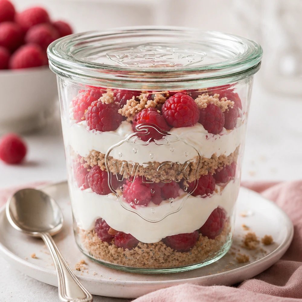 WECK Verre renversé 580ml RR100 comme verre à dessert avec des couches de dessert aux framboises et des vermicelles décoratifs