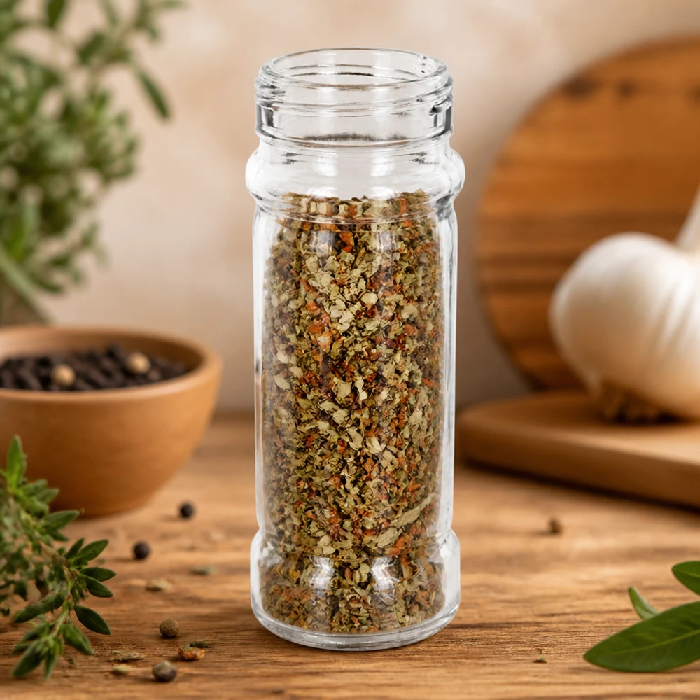 Pot à épices de forme cylindrique 100 ml avec filetage 41 mm, en verre clair sans couvercle Pot à épices « Mary » de 100 ml en verre transparent, contenant un mélange d'herbes aromatiques, posé sur une table rustique en bois à côté d'herbes fraîches