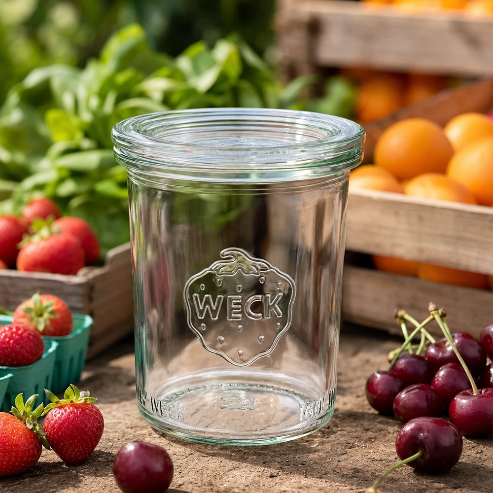 WECK Pot renversé RR60 160ml vide sur table en bois avec cerises, fraises et oranges fraîches pour la mise en conserve