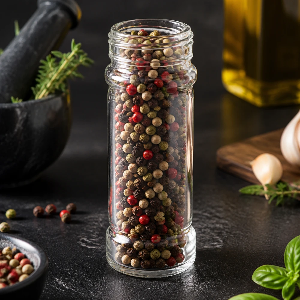 Pot à épices « Mary » de 100 ml rempli de grains de poivre multicolores, à côté d'un mortier et d'une gousse d'ail
