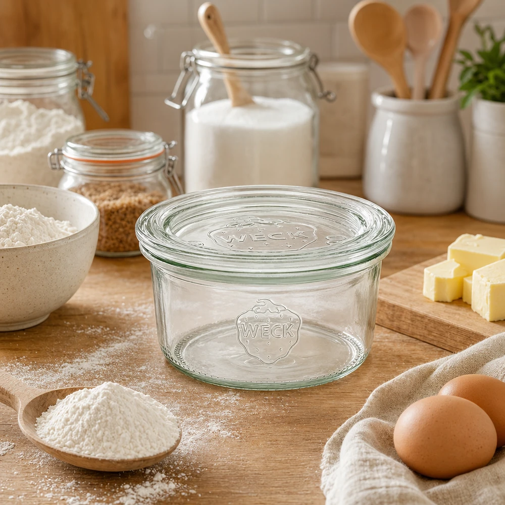 WECK Verre renversé 165ml RR80 vide sur planche en bois entouré d'ingrédients de cuisson comme la farine les œufs le beurre dans la cuisine