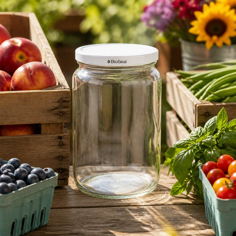 UNiTWIST Runda795 Pot de conserve vide avec couvercle BioSeal blanc sur table en bois parmi les fruits et légumes frais