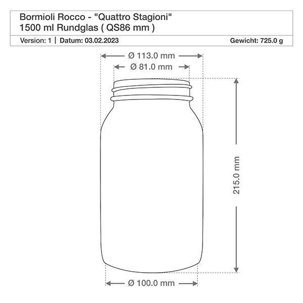 Dessin technique Bormioli Rocco Quattro Stagioni bocal rond 1500ml - Dimensions et spécifications pour bocaux à conserves