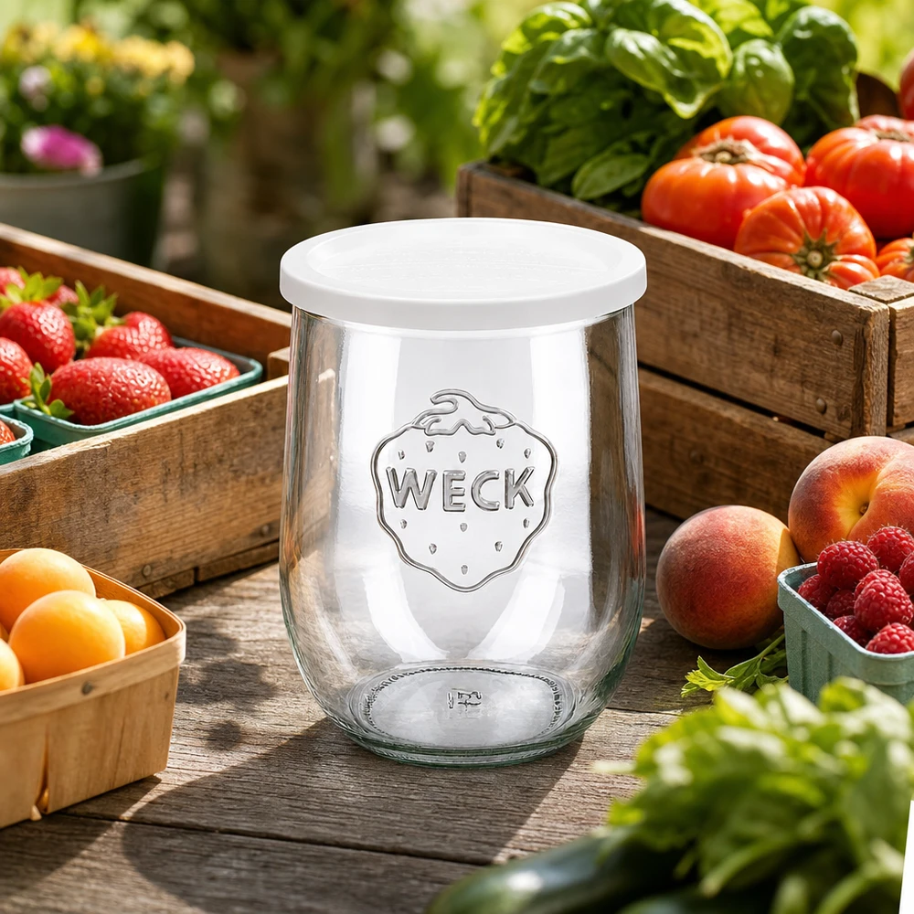 WECK Pot tulipe 1062ml avec couvercle fraîcheur parmi des fruits et légumes frais décorés sur une table en bois à l'extérieur
