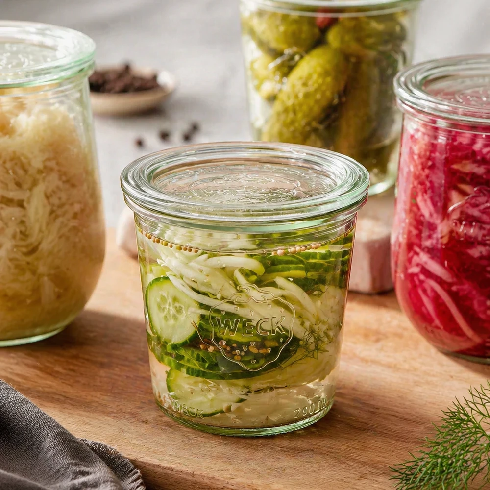WECK Pot renversé 290ml RR80 avec cornichons marinés et herbes aromatiques à côté d'autres bocaux remplis sur une planche en bois