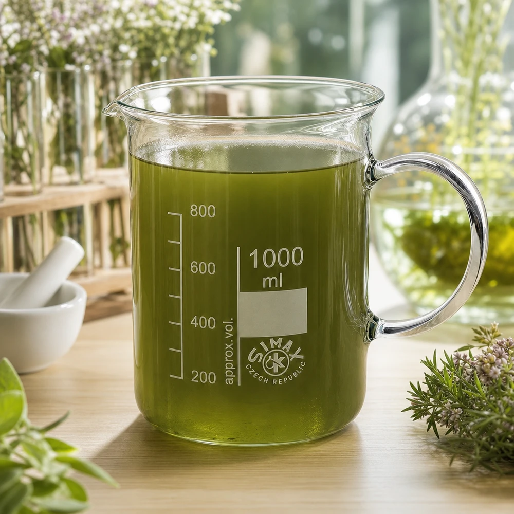 Verre à bécher de 1 000 ml muni d'une anse, rempli d'extrait d'herbes vertes et entouré d'herbes médicinales fraîches