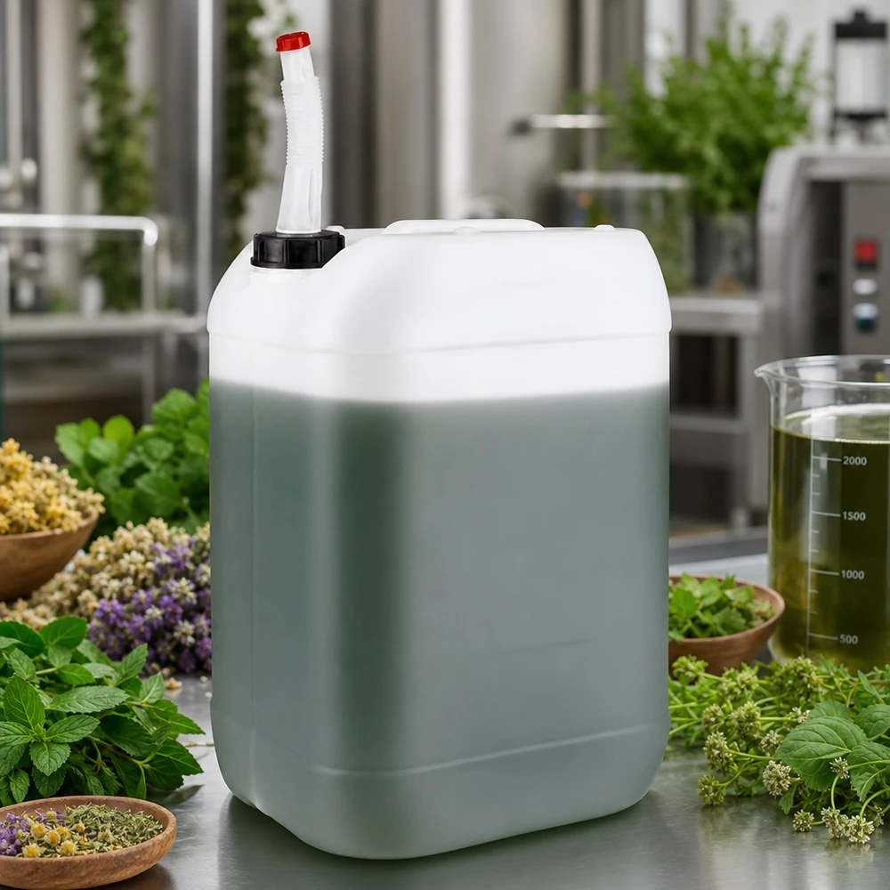 Bidon vert et blanc de 25 litres muni d'un bec verseur flexible, entouré d'herbes fraîches et de plantes médicinales