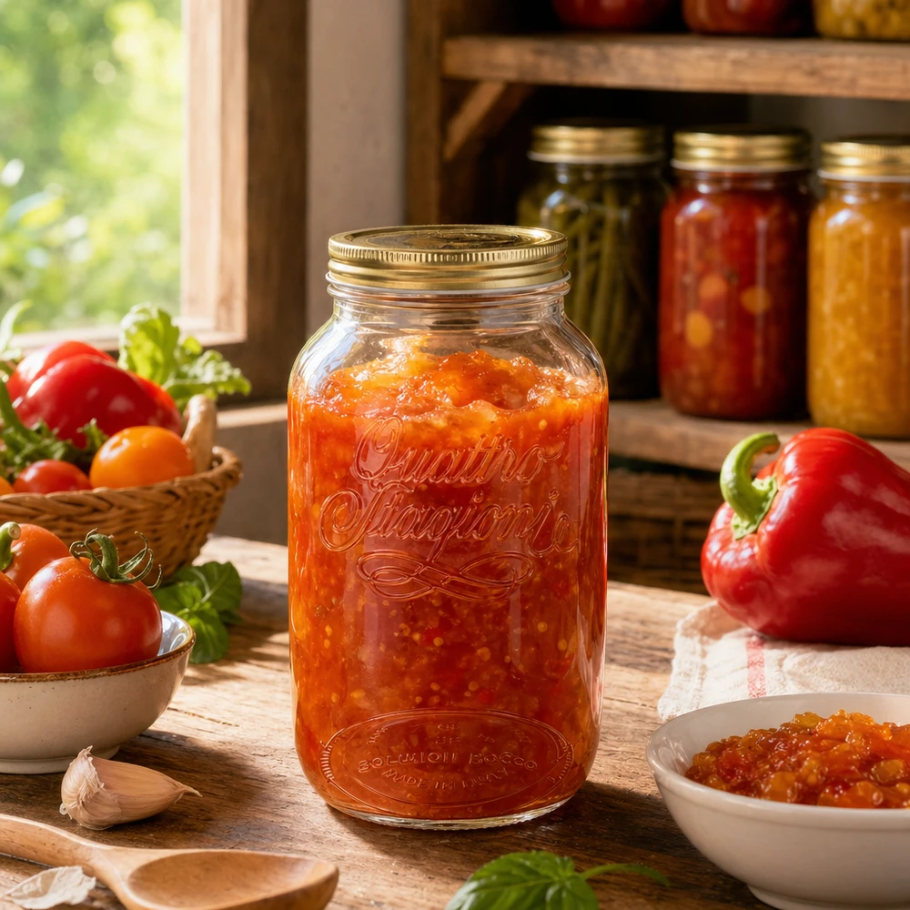 Quattro Stagioni 3800ml Pot rond rempli de sauce tomate à côté de tomates fraîches et de poivrons Conservation