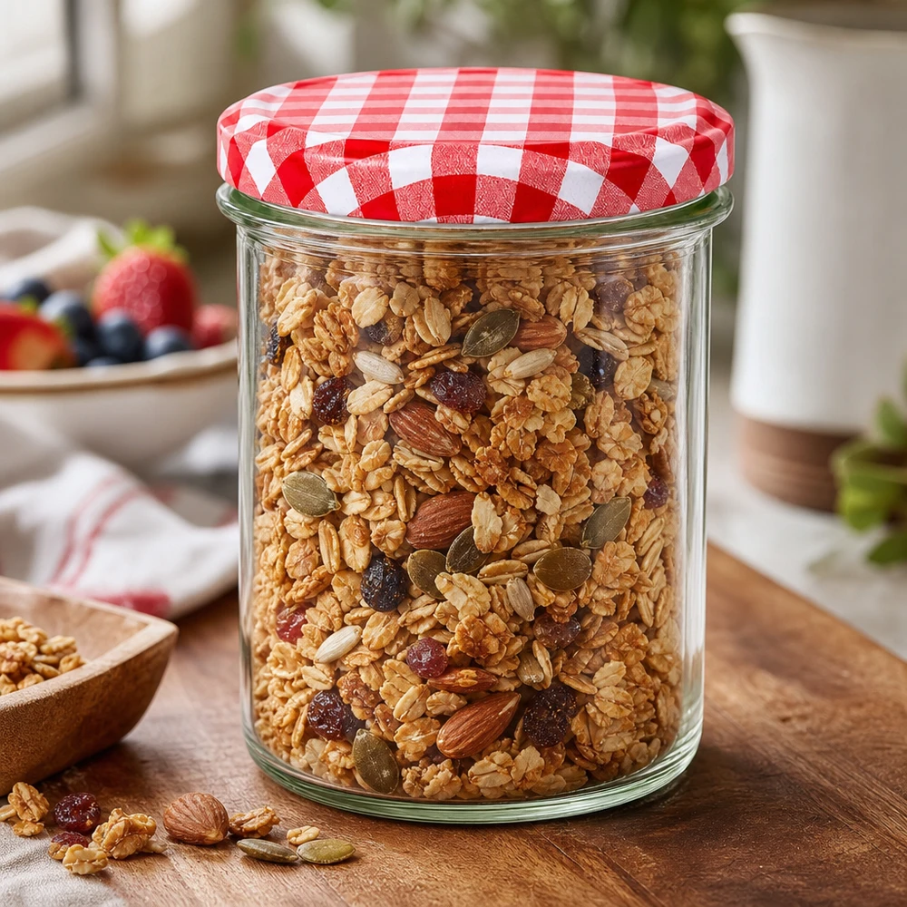 Sturzglas 350ml mit Müsli gefüllt zeigt praktische Aufbewahrung, rot-weißer Deckel schützt Lebensmittel frisch
