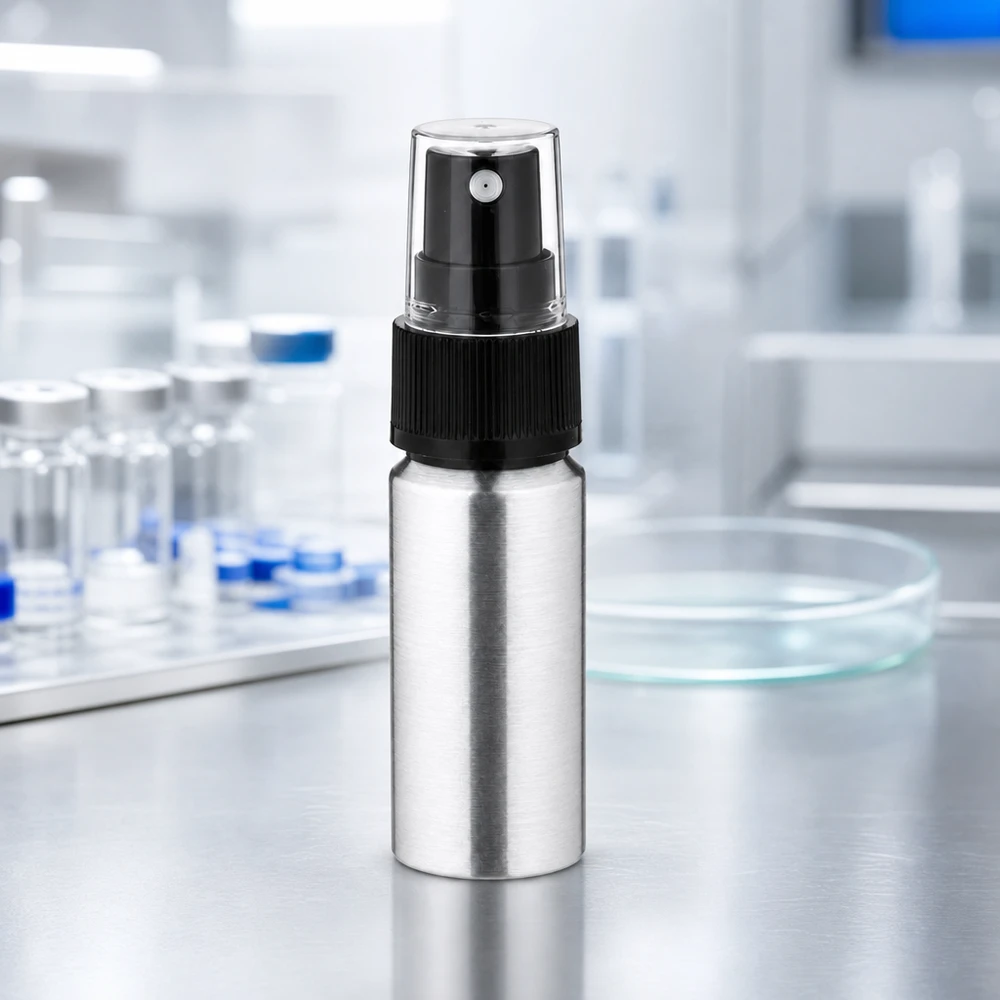 Le flacon en aluminium réfléchissant de 20 ml avec vaporisateur protège les contenus sensibles à la lumière contre les rayons UV