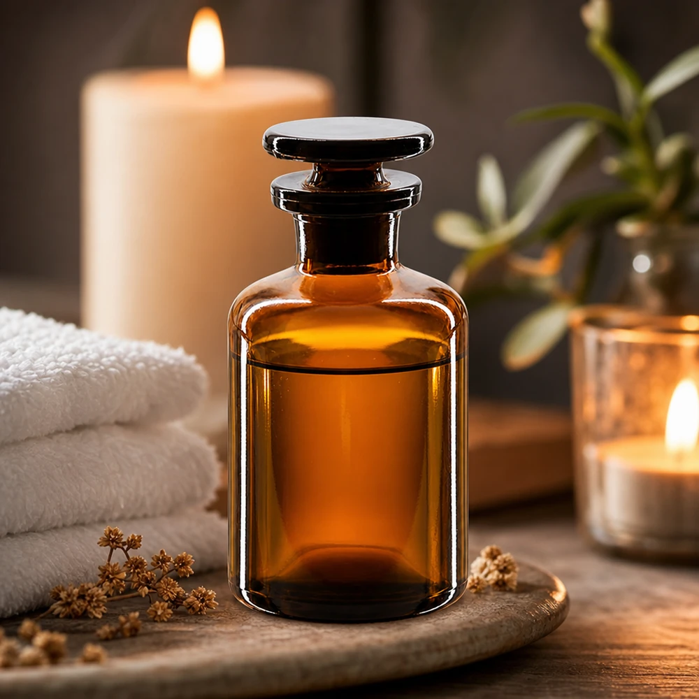 Flacon pharmaceutique 50 ml col étroit en verre ambré + bouchon Flacon à épaulement arrondi de 50 ml, en verre ambré, à col étroit, avec bouchon en verre, pour parfums et huiles parfumées