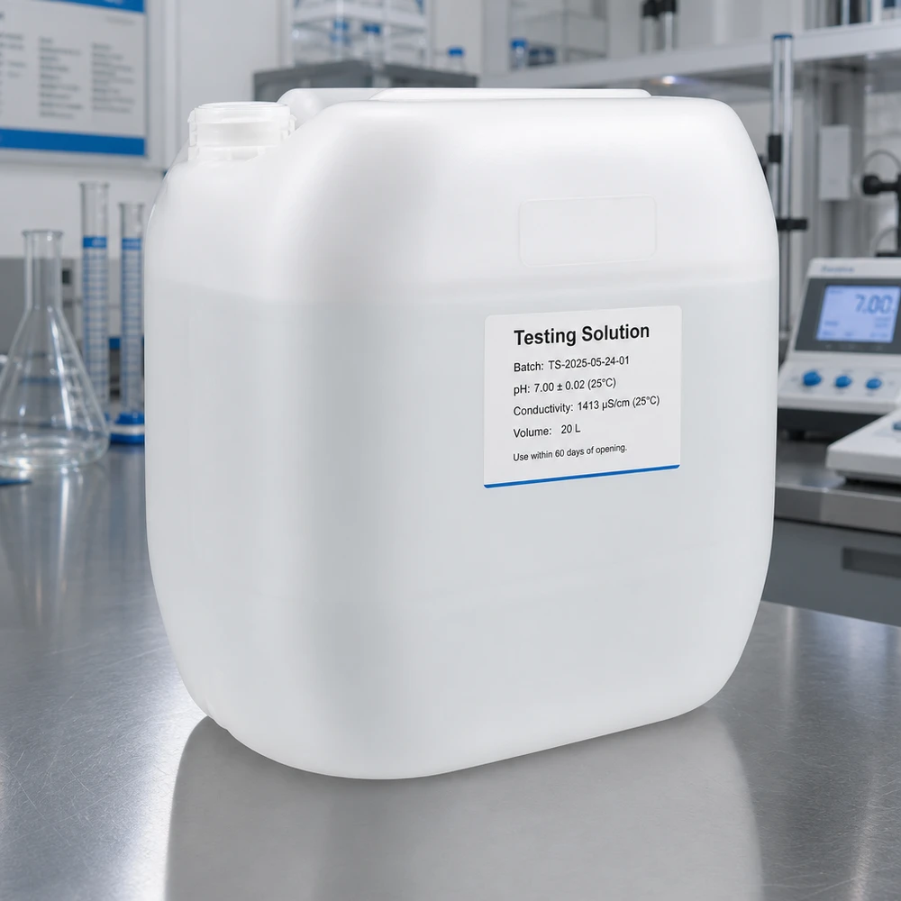 Jerrican de 30 litres sans bouchon Bidon de laboratoire de 30 litres sans bouchon, muni d'une étiquette indiquant le pH et la conductivité