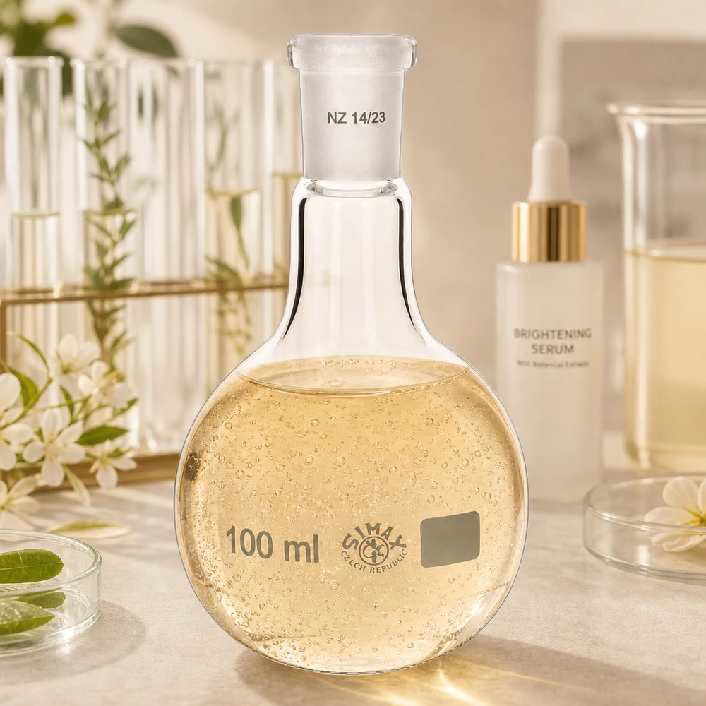 Ballon à fond plat 100 ml à col étroit, en verre borosilicate avec rodage normalisé 14/23 Fiole de laboratoire 100ml avec solution jaune et système de rodage normalisé précis 14/23