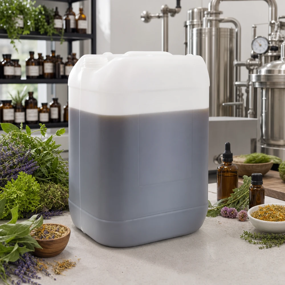 Jerrican de 25 litres sans bouchon Bidon gris de 25 litres sans bouchon, parmi les herbes fraîches utilisées dans la production de cosmétiques naturels
