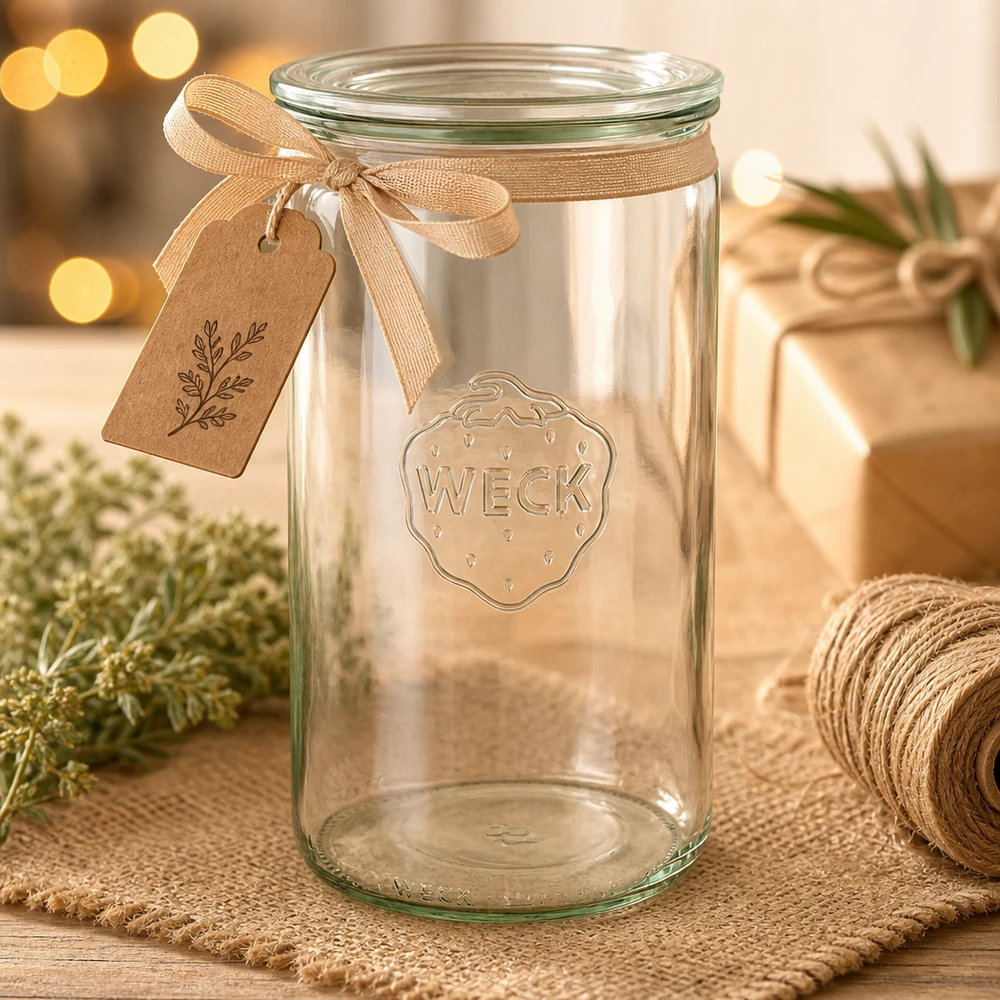 1590ml bocal cylindrique avec bouchon en verre WECK RR100 WECK Pot cylindrique 1590ml RR100 vide avec ruban cadeau brun et pendentif décoré pour Noël sur table en bois