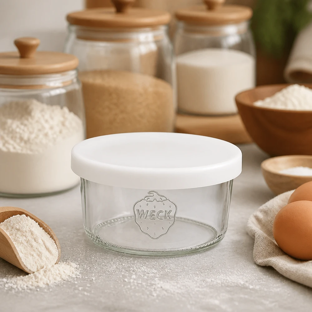 WECK Verre renversé 165ml RR80 avec couvercle en silicone blanc dans la cuisine entre les ingrédients de boulangerie, la farine, les œufs et les bocaux à provisions.