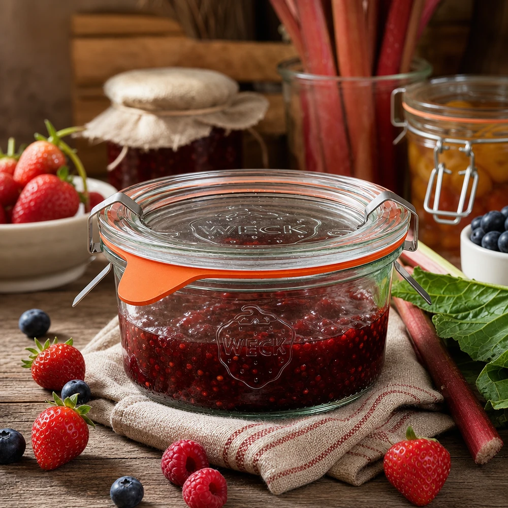 WECK Pot renversé 165ml RR80 rempli de confiture de baies entouré de fraises et de myrtilles fraîches sur table en bois