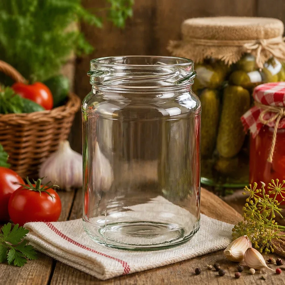 205ml Verre rond sans couvercle (TO58) UNiTWIST UNiTWIST Runda205 Bocal rond 205ml TO58 Bocal vide sur table de cuisine avec légumes et herbes aromatiques en arrière-plan