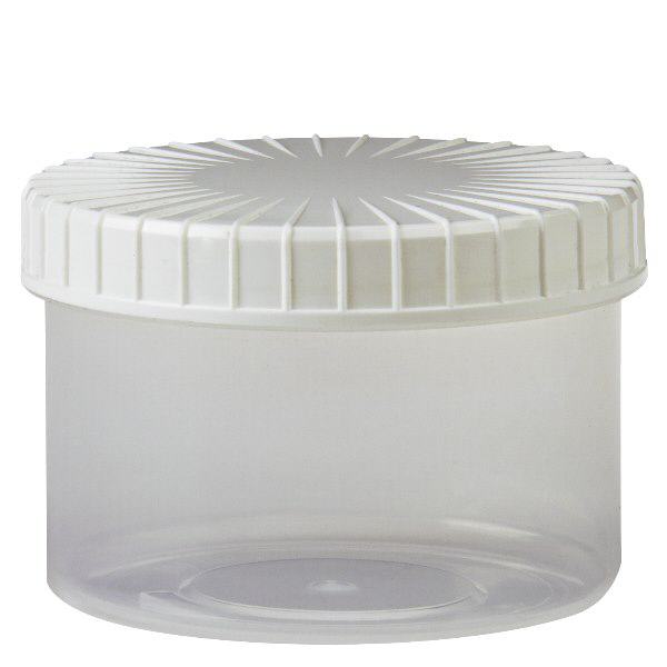 Pot en plastique transparent 250 ml + couvercle à vis blanc strié en PE, fermeture standard Pot en plastique transparent 250 ml + couvercle à vis blanc strié en PE, fermeture standard