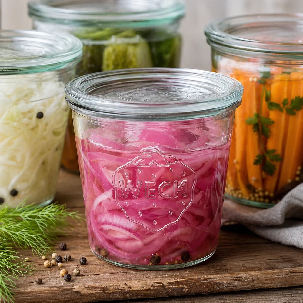 WECK Pot de 580ml rempli de légumes marinés et d'épices pour la fermentation Exemple à côté de l'aneth