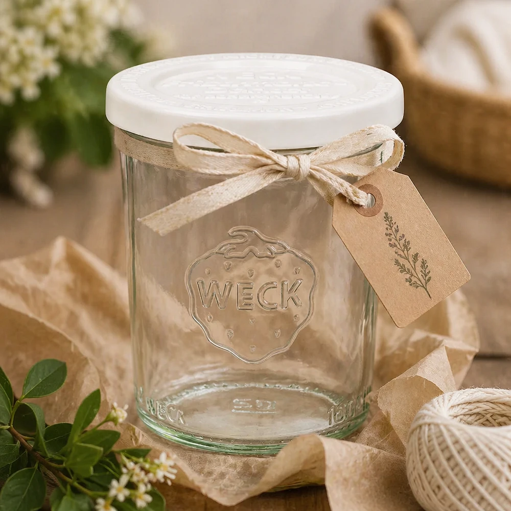 Bocal en verre de 160 ml avec couvercle hermétique WECK RR60 WECK Sturzglas 160ml mit Dekobändchen und Anhänger - rustikale Geschenkverpackung für selbstgemachte Marmelade