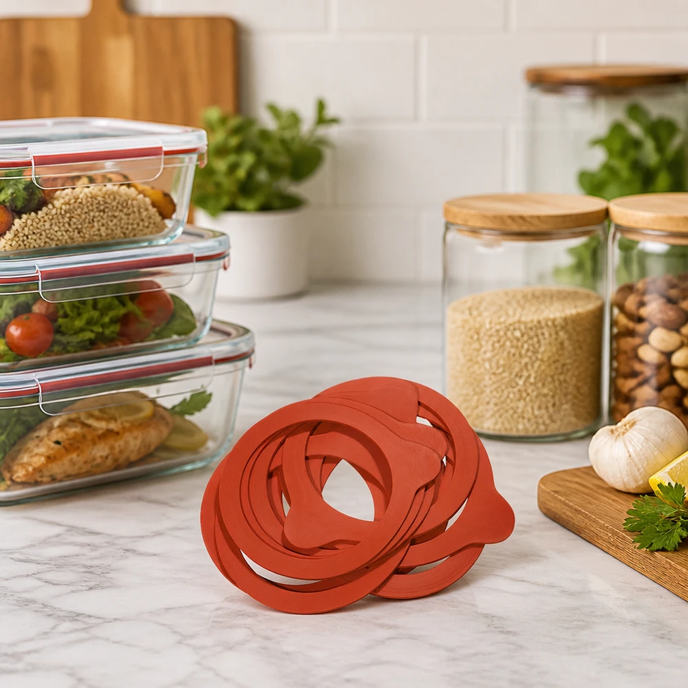 Anneaux de cuisson RR100 en caoutchouc naturel rouge sur plan de travail en marbre à côté des boîtes Meal Prep et des bocaux à provisions dans une cuisine moderne