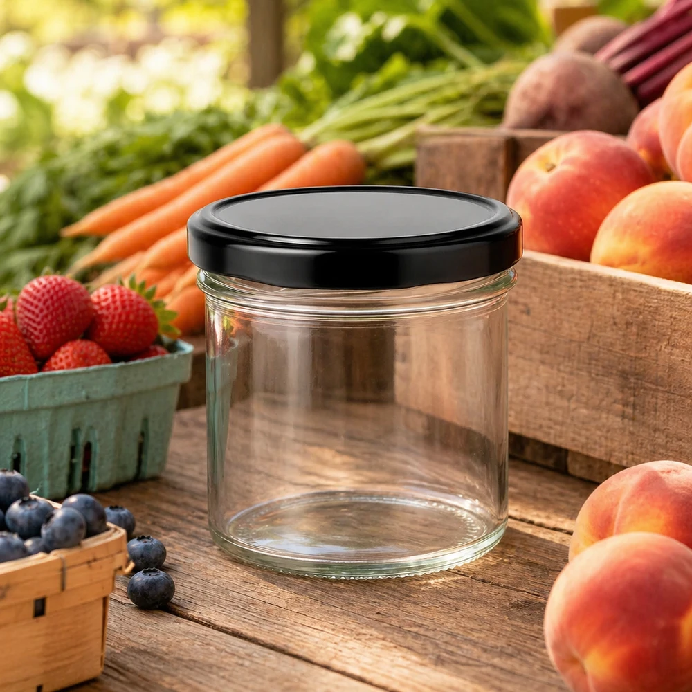 Verre renversé de 125 ml avec couvercle noir parmi des fruits et légumes frais sur une table en bois Atmosphère de stand de marché