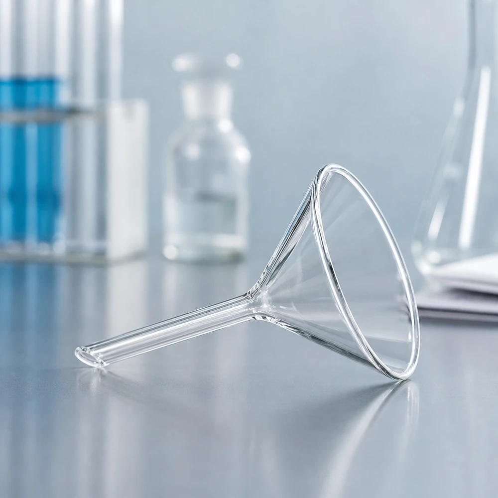 Entonnoir de laboratoire transparent en verre sodo-calcique robuste avec un design compact pour une manipulation facile
