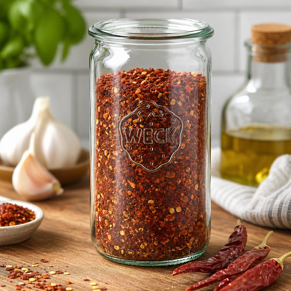 WECK Pot cylindrique 340ml RR60 rempli de flocons de piment sur table en bois avec ail et piments séchés