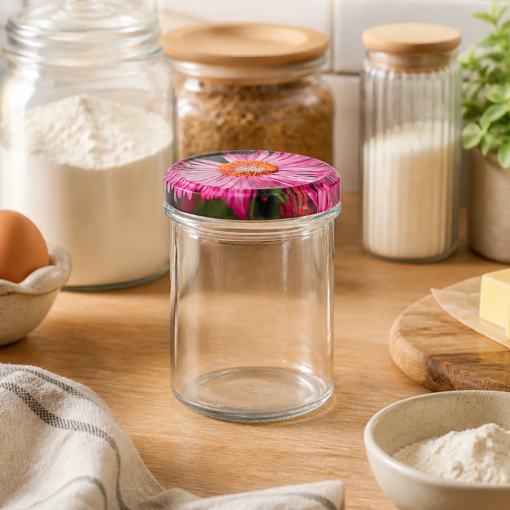 350ml Verre conique avec couvercle BasicSeal decor floral UNiTWIST Pot vide de 350 ml avec couvercle BasicSeal Gerbera dans une ambiance de cuisine naturelle entre les conteneurs de stockage
