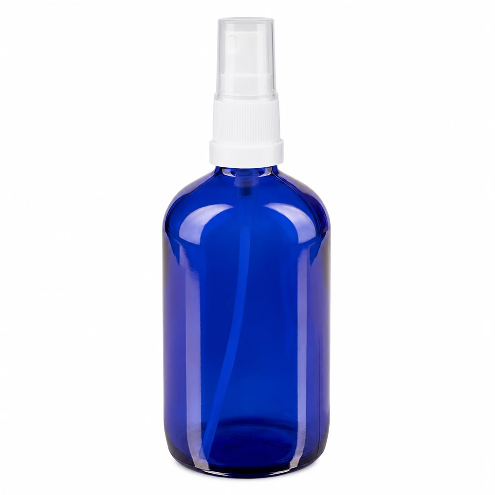 Flacon de pharmacie bleu 100ml embout spray blanc Flacon pulvérisateur en verre bleu de 100 ml avec vaporisateur blanc, en verre de pharmacie, destiné aux cosmétiques et à la pharmacie