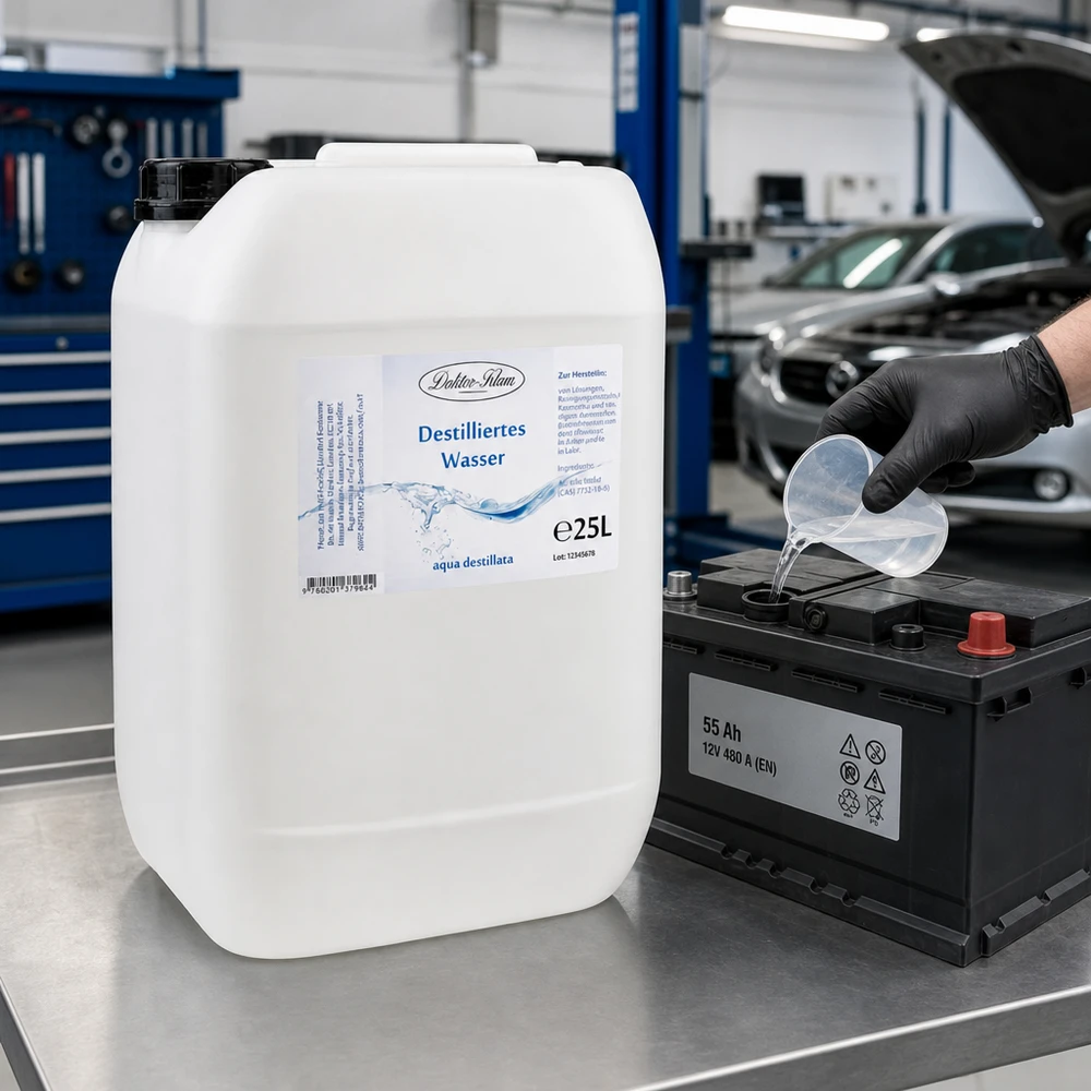 Doktor-Klaus 25L d'eau distillée est utilisé dans les garages pour l'entretien des batteries et des véhicules.