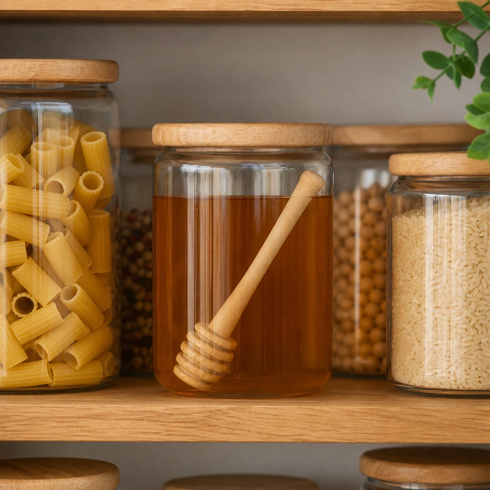 Pelle à miel en bois 10,5 cm Cuillère à miel en bois d'érable dans le jar d'approvisionnement entre les pâtes et le riz montre une organisation de cuisine polyvalente
