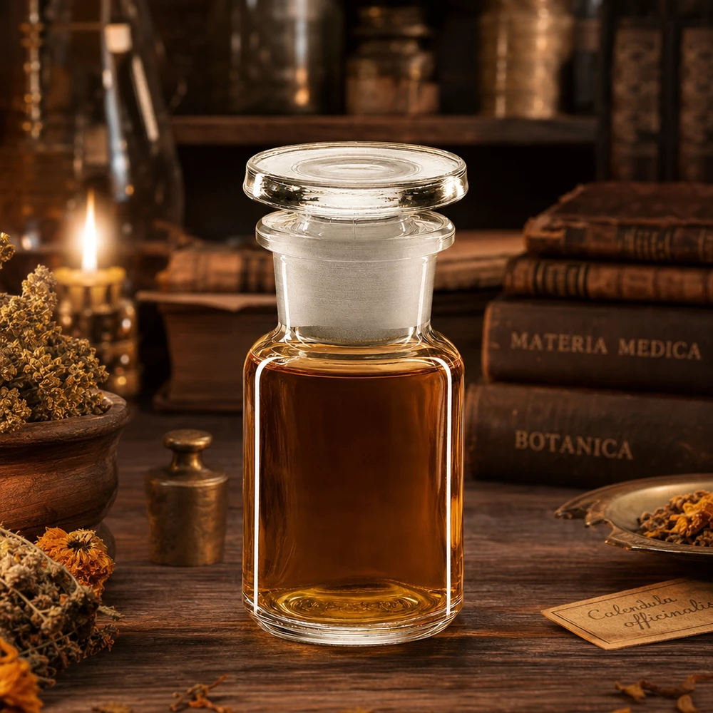 Flacon pharmaceutique 50 ml col large + bouchon verre clair Flacon de pharmacie transparent à col large de 50 ml, muni d'un bouchon en verre et rempli d'huile ambrée