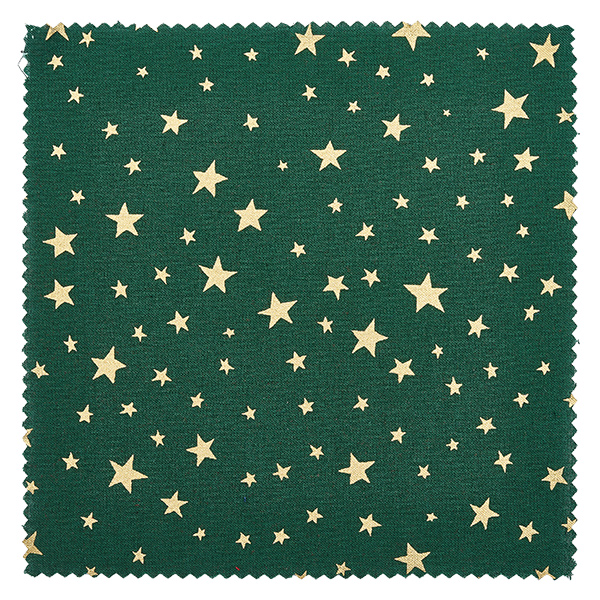 Détail du tissu vert avec des étoiles dorées de différentes tailles, matériel de couverture pour bijoux 12x12cm carré