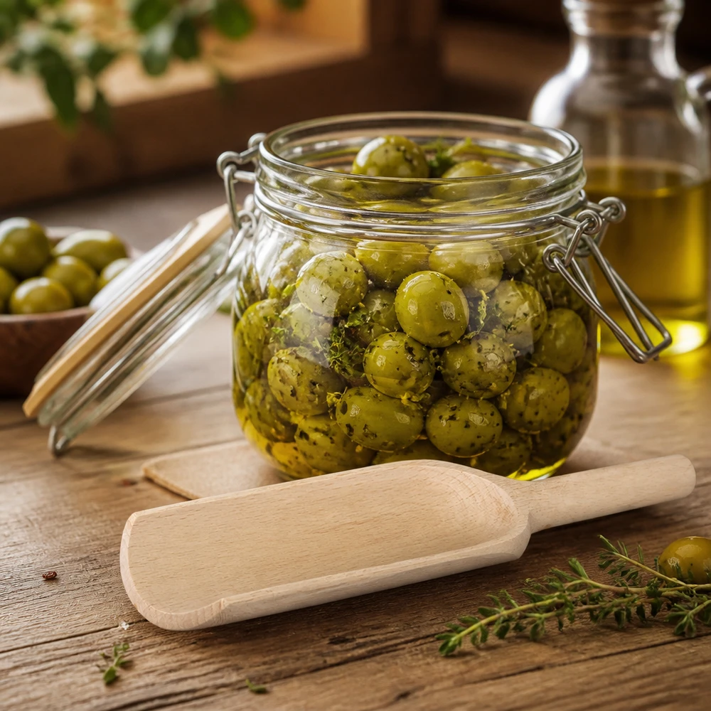 Pelle en bois L 18cm plate à côté d'un bocal d'olives marinées herbes et huile d'olive scène de cuisine méditerranéenne