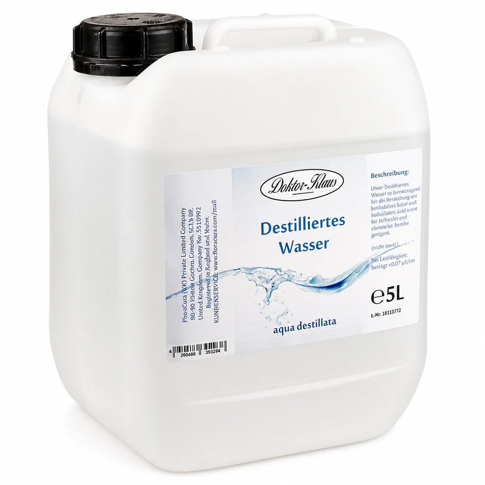 5L d'eau distillée Docteur-Klaus en bidon plastique blanc avec bouchon à vis noir