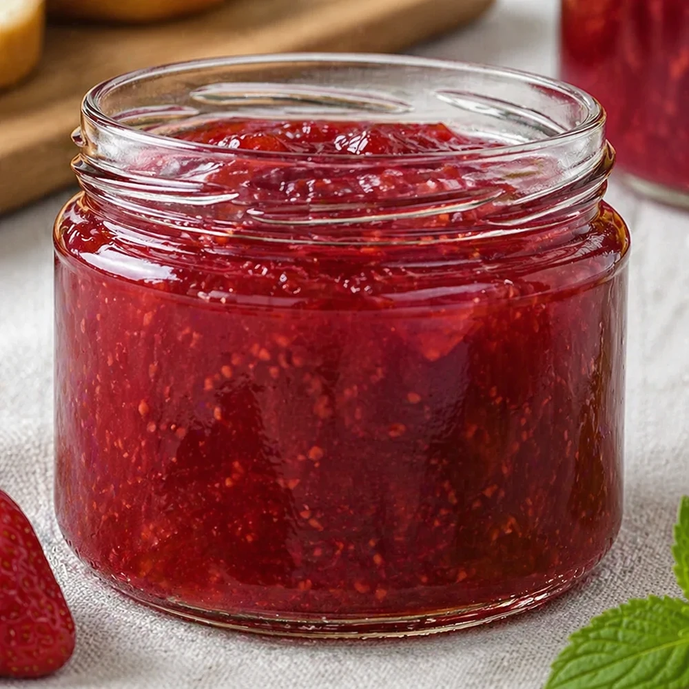 330ml Verre rond sans couvercle (TO82) UNiTWIST UNiTWIST Runda330 Pot rond rempli de confiture de fraises rouges Confiture maison faite maison Conserver