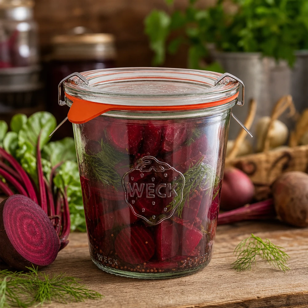 WECK Pot de conserve 290ml RR80 rempli de tranches de betteraves rouges marinées et d'aneth frais dans une cuisine rustique