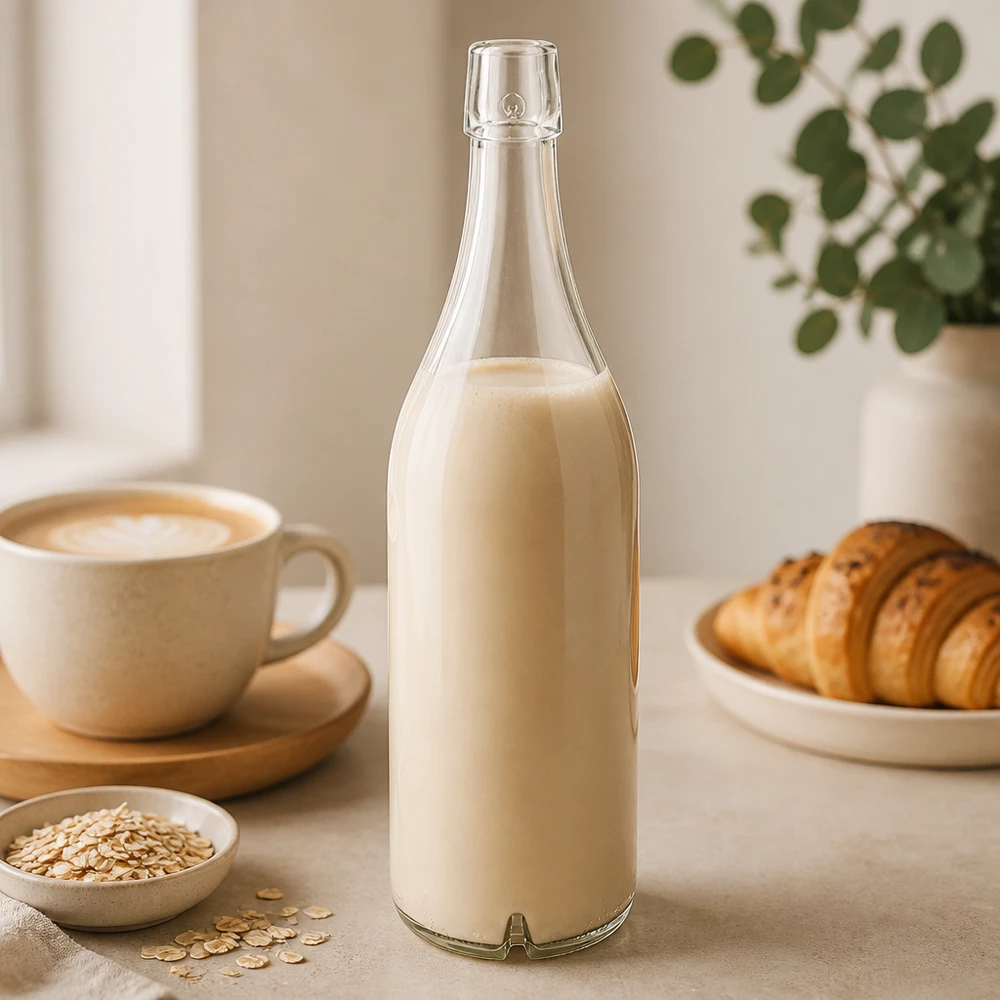 Bouteille en verre 1000ml UNiTWIST remplie de lait d'avoine table de petit déjeuner croissant café cuisine claire végétale