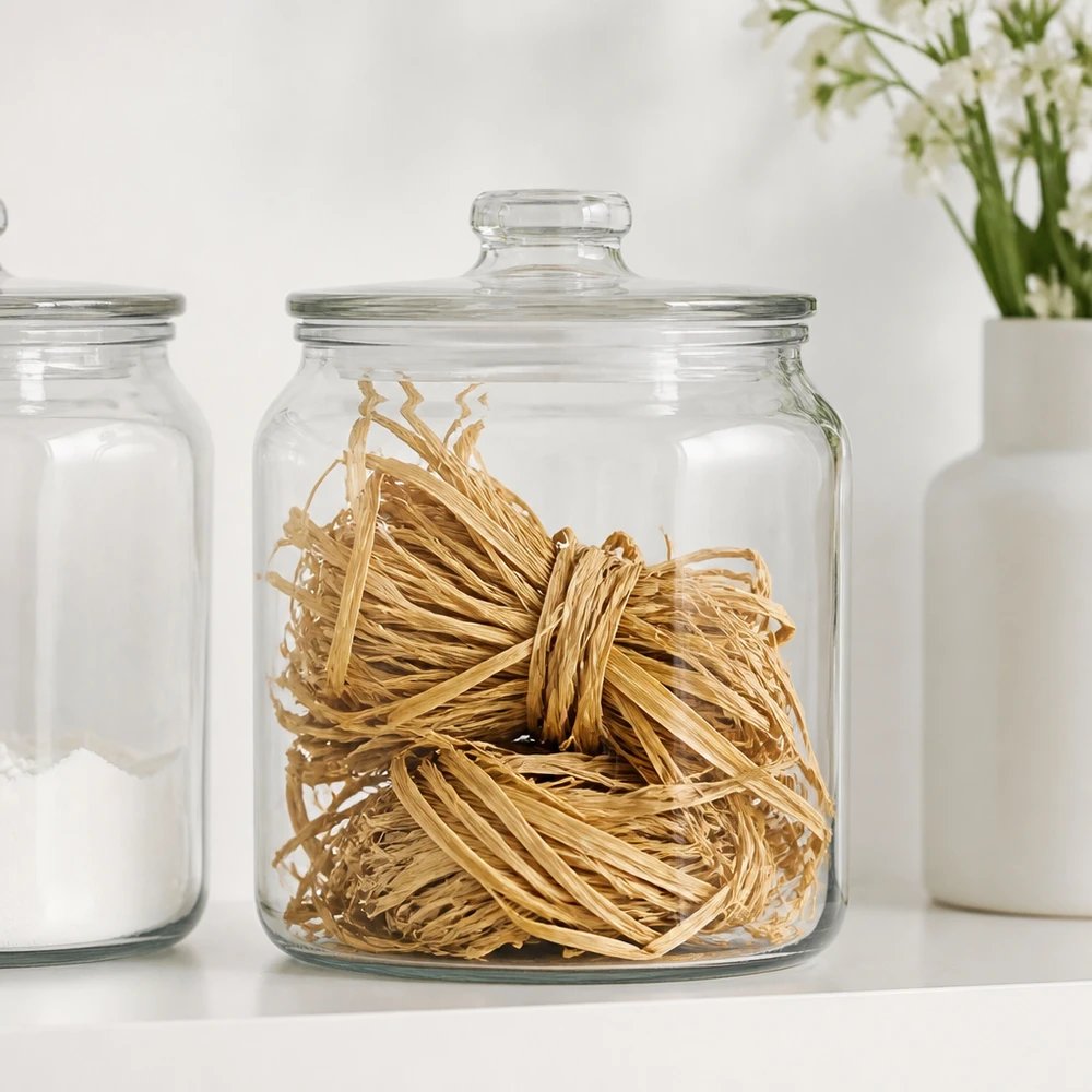 Raphia naturel 30g dans une boîte en verre avec couvercle, conservé à côté de bocaux blancs pour une organisation ordonnée du matériel de bricolage.