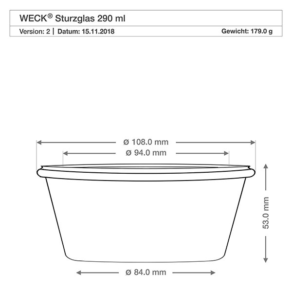 290ml bocal conique faible complet WECK RR80 Dessin technique WECK verre renversé 290ml RR100 avec dimensions, diamètre 108mm, hauteur 53mm, poids 179g