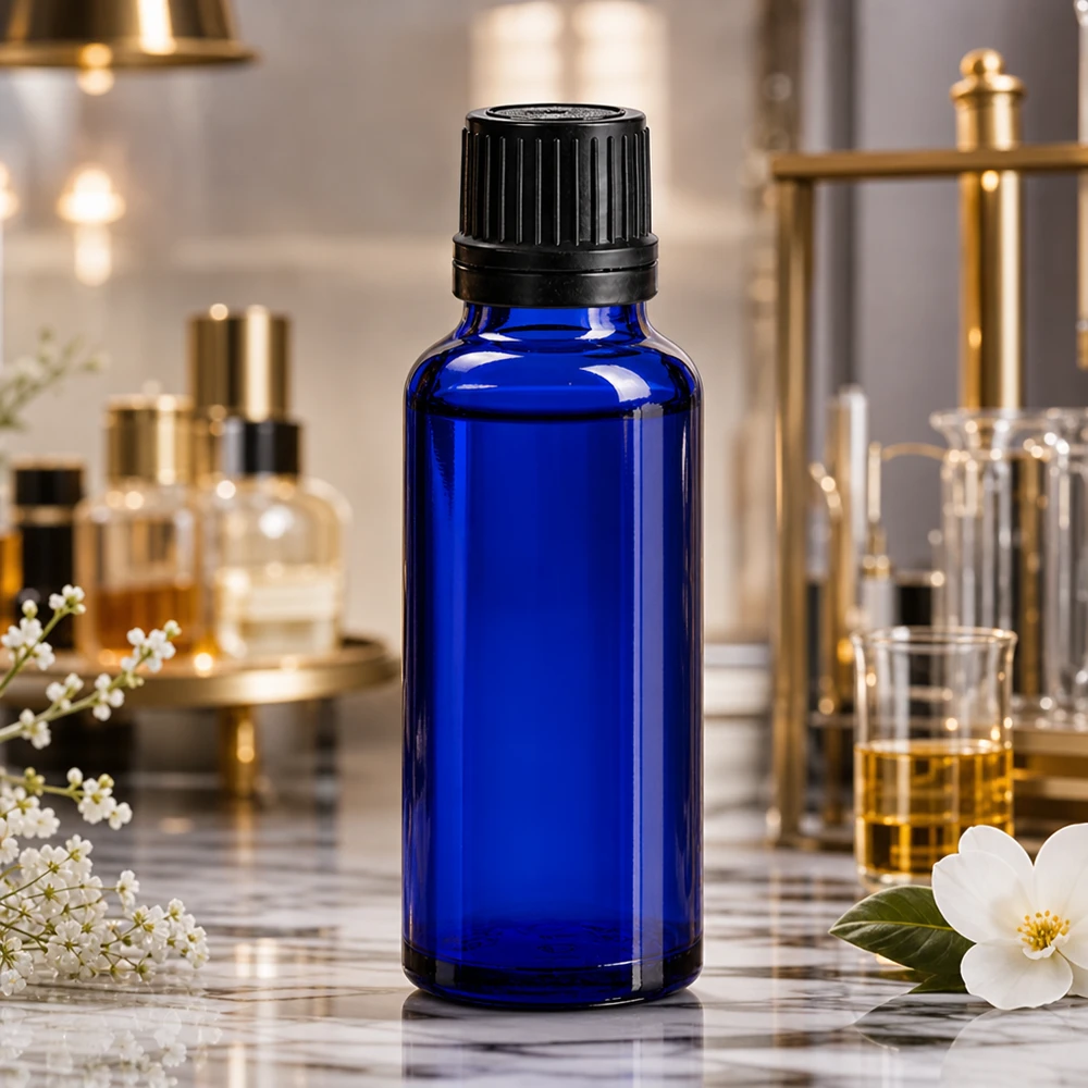 Bouteille de pharmacie bleue 30ml bouchon vissable noir bouchon d'inviolabilité Flacon de pharmacie bleu cobalt de 30 ml muni d'un bouchon OV noir, posé sur une surface en marbre dans un laboratoire