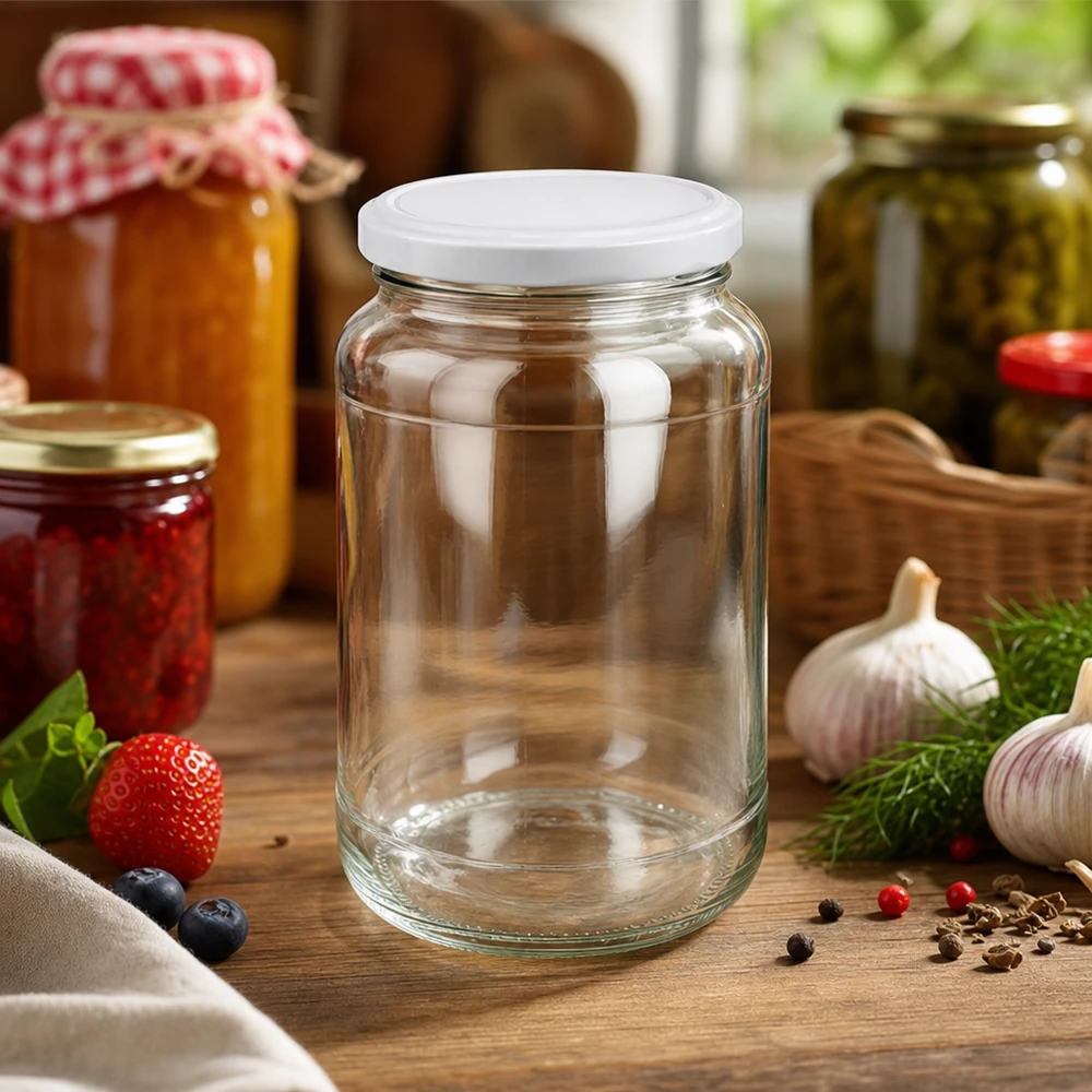 Bocal rond de 1700ml vide avec couvercle blanc BasicSeal dans la cuisine entre les pots de confiture et les ingrédients frais