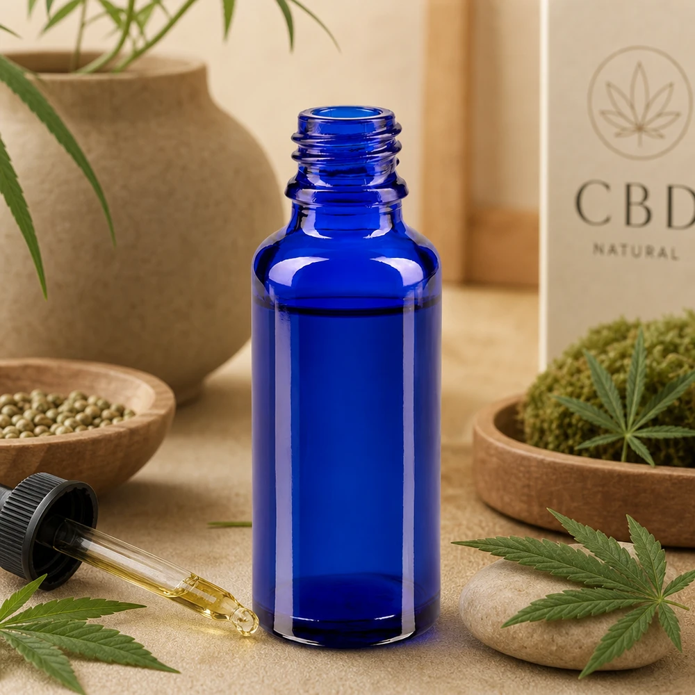 Flacon de pharmacie bleu ApoGlas de 30 ml avec compte-gouttes pour huile de CBD, dans un décor naturel orné de feuilles de chanvre